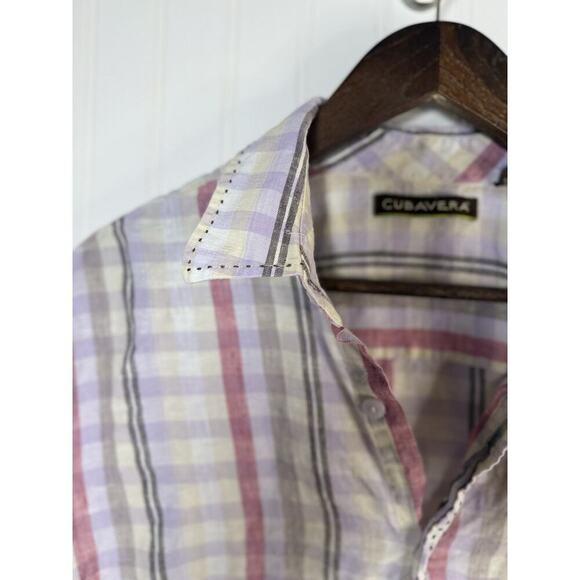 Cubavera Men’s Large Shirt 100% Linen Pastel Plaid Short Sleeve Button Front - Picture 5 of 9